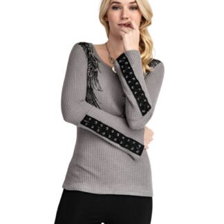 Vocal - Lace Up Long Sleeve Angel Wing Waffle Knit Top in Gray