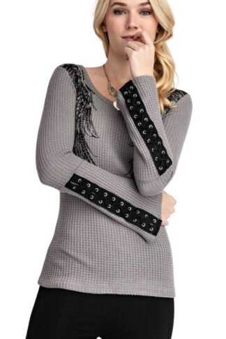 Vocal - Lace Up Long Sleeve Angel Wing Waffle Knit Top in Gray