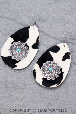 Genuine Leather Cow Teardrop with Concho Dangle Earrings