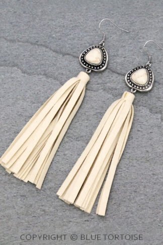 Stone with Leather Tassel Dangle Earrings