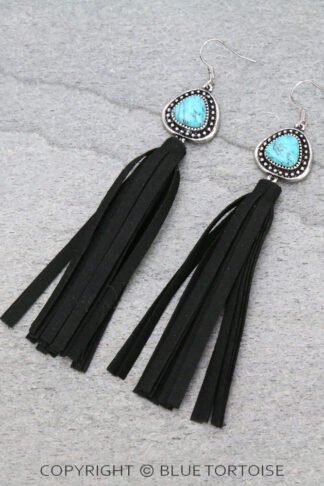 Stone with Leather Tassel Dangle Earrings