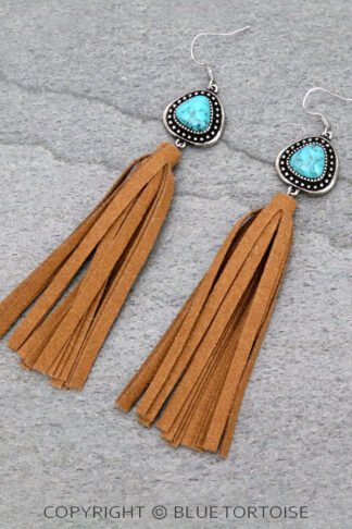 Stone with Leather Tassel Dangle Earrings