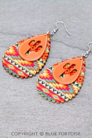 Western Cactus Cut Out with Wood Teardrop Dangle Earrings