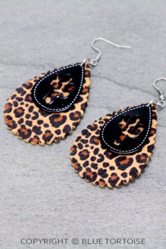 Western Cactus Cut Out with Wood Teardrop Dangle Earrings