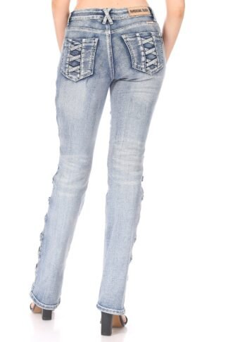 Platinum Plush Open Leg X Design Rhinestone Denim Bootcut Jeans Style