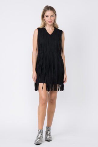 Vocal V-Neck Suede Fringed Sleeveless Dress