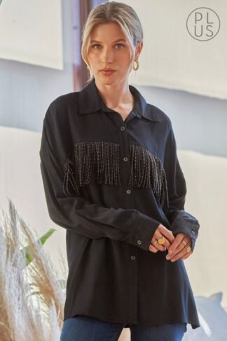 Fringe Button Down Blouse in Black