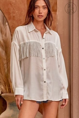 Fringe Button Down Blouse in Ivory