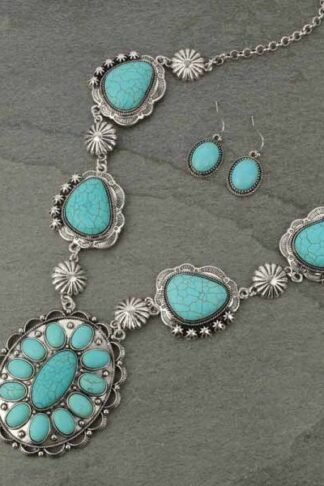Silver and Turquoise Color Western Statement TQ Concho Necklace Set