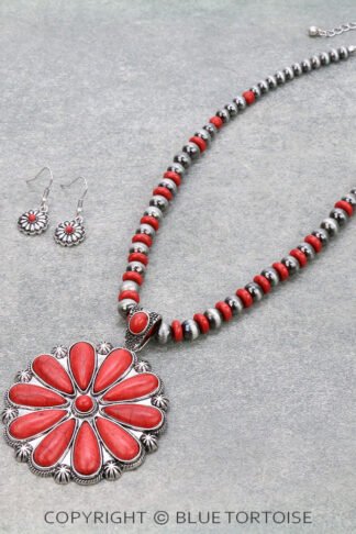 Red Western Concho Pendant Necklace Set
