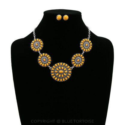 Silver and Yellow Color Western Concho Stone Necklace Set - Image 2