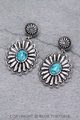 Silver and Turquoise Color Western Concho Stud Earrings