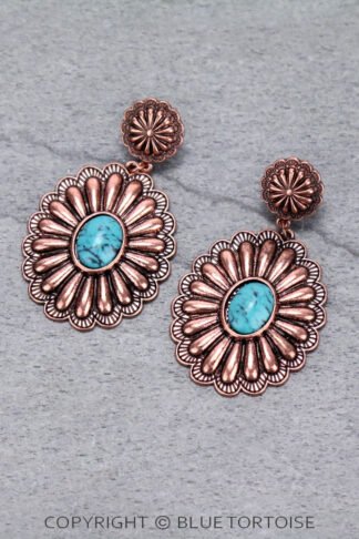 Burnished Copper and Turquoise Color Western Concho Stud Earrings