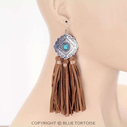 Concho with Leather Tassel Dangle Earrings - Image 2