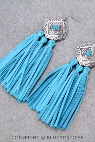 Concho with Leather Tassel Dangle Earrings in Turquoise