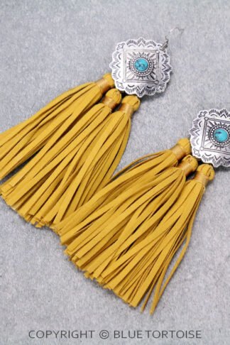 Concho with Leather Tassel Dangle Earrings