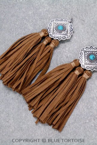 Concho with Leather Tassel Dangle Earrings