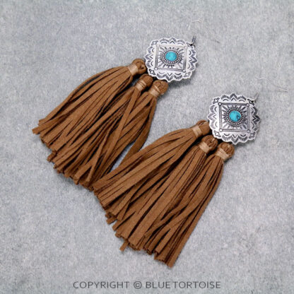 Concho with Leather Tassel Dangle Earrings