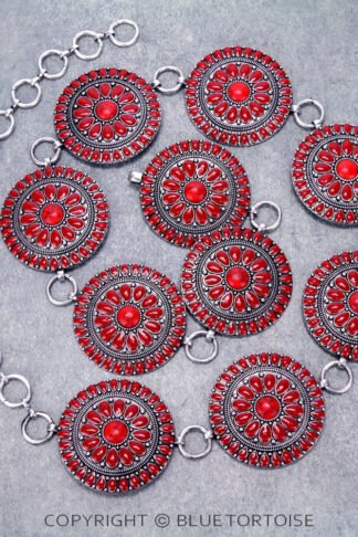 Silver and Coral Color Western Epoxy Concho Stone Belt