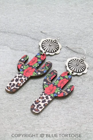 Wood Cactus Concho Dangle Earrings