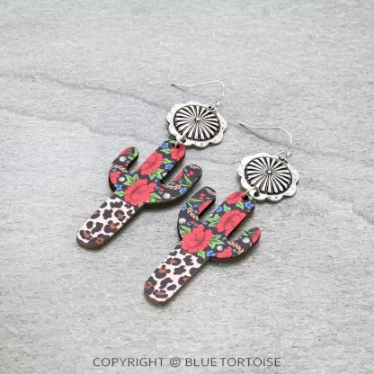 Wood Cactus Concho Dangle Earrings