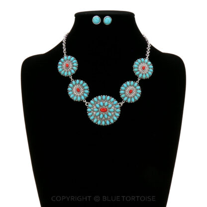 Burnished Silver, Turquoise and Coral Color Western Concho Stone Necklace Set - Image 2