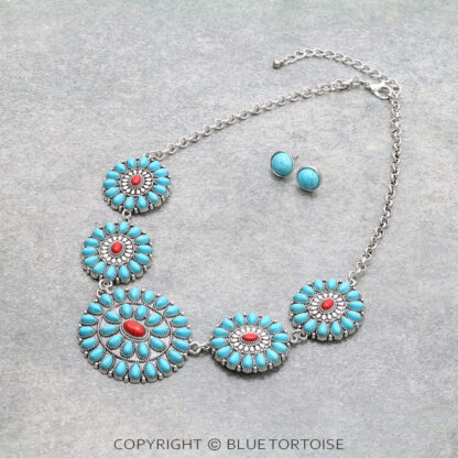 Burnished Silver, Turquoise and Coral Color Western Concho Stone Necklace Set