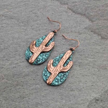 Patina and Cobalt Color Western Cactus Fish Hook Earrings - Image 2