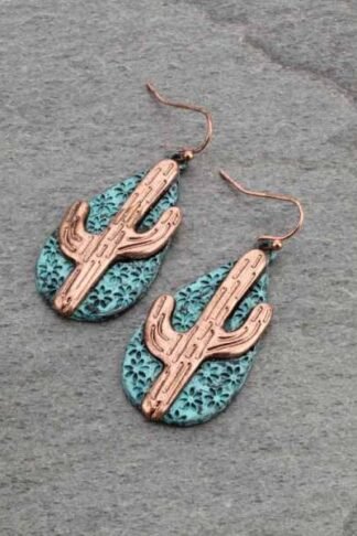 Patina and Cobalt Color Western Cactus Fish Hook Earrings