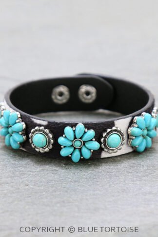 Western Flower Stone with Leather Snap Button Bracelet