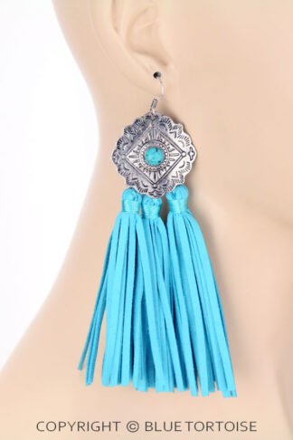 Concho with Leather Tassel Dangle Earrings