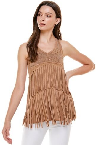 2 LAYERS FRINGE TOP WITH SPECIAL STONE IN CAMEL