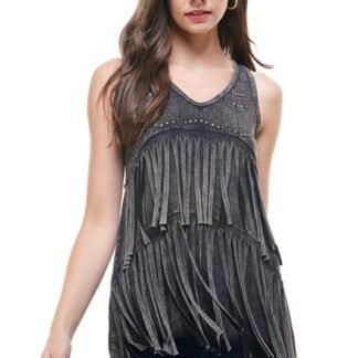 2 LAYERS FRINGE TOP WITH SPECIAL STONE IN BLACK