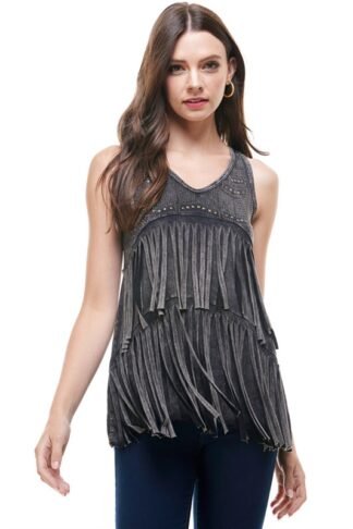 2 LAYERS FRINGE TOP WITH SPECIAL STONE IN BLACK