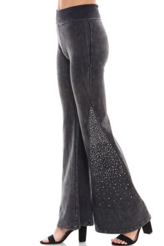 STONE EMBELLISHED MINERAL WASHED FLARED PANTS
