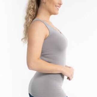 NEUTRAL GREY V-NECK TOP WITH LACE TRIM