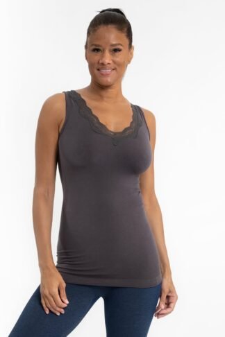 CHARCOAL V-NECK TOP WITH LACE TRIM