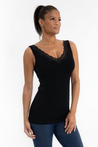 BLACK V-NECK TOP WITH LACE TRIM