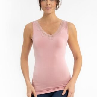 DUSTY ROSE V-NECK TOP WITH LACE TRIM