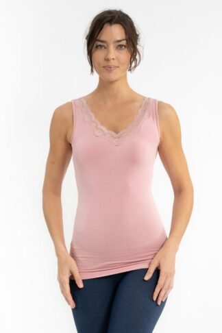 DUSTY ROSE V-NECK TOP WITH LACE TRIM