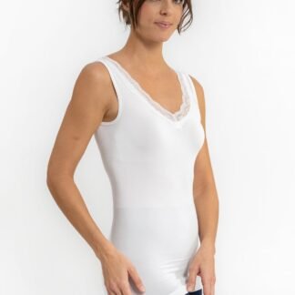 WHITE V-NECK TOP WITH LACE TRIM