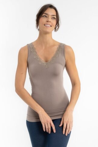 VINTAGE KHAKI V-NECK TOP WITH LACE TRIM