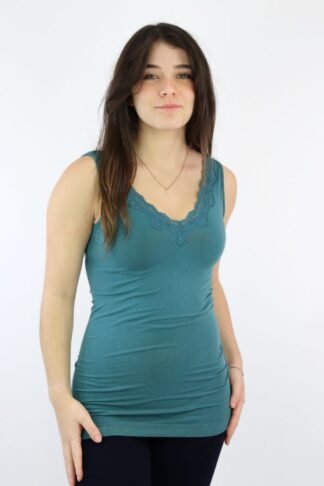 PEACOCK V-NECK TOP WITH LACE TRIM