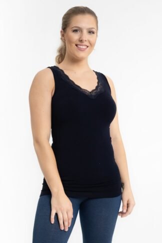 NAVY V-NECK TOP WITH LACE TRIM