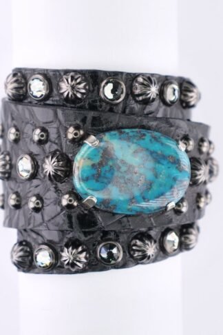 Rowdy Cowgirl Feather Gunslinger Cuff in Black with Stone Turquoise
