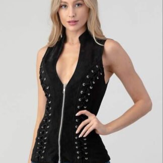 Lydia Vest - Black Suede Sleeveless Zip Up Top With Cross Cut
