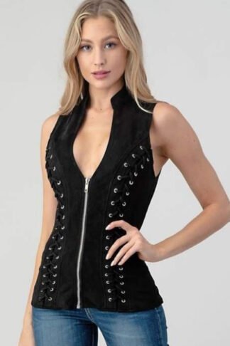 Lydia Vest - Black Suede Sleeveless Zip Up Top With Cross Cut