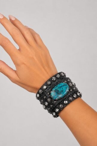 Rowdy Cowgirl Feather Gunslinger Cuff in Black with Stone Turquoise