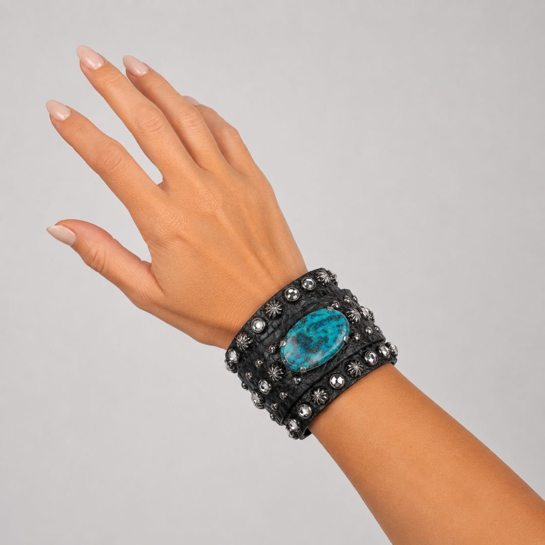 Rowdy Cowgirl Feather Gunslinger Cuff in Black with Stone Turquoise