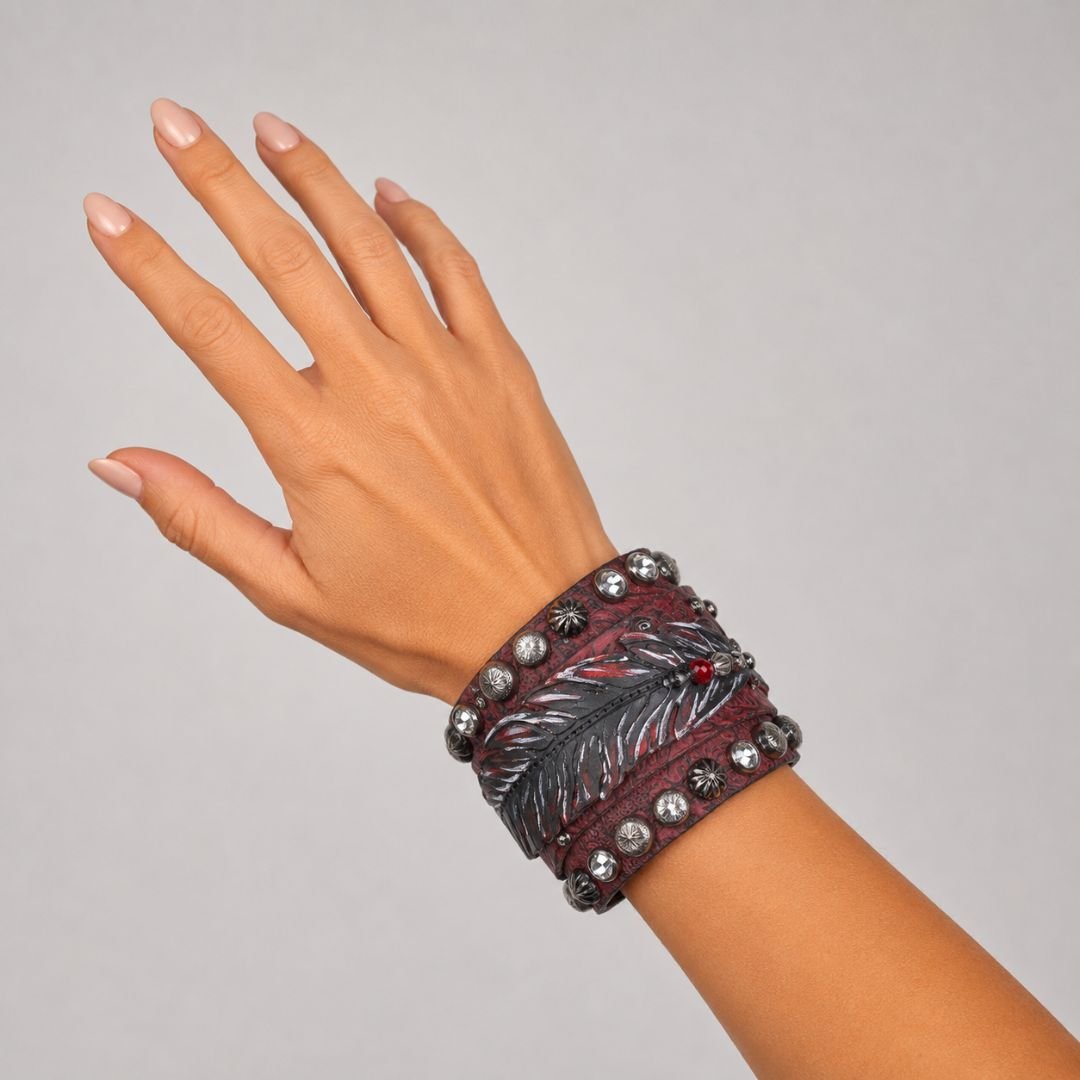 Rowdy Cowgirl Feather Gunslinger Cuff in Red & Black